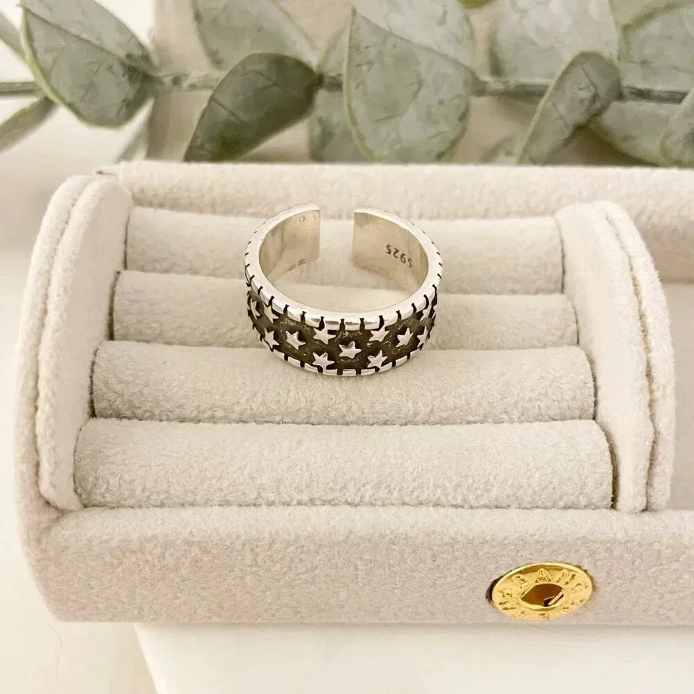 925 Sterling Silver Star Ring Band Black & Silver Star Ring Celestial Ring